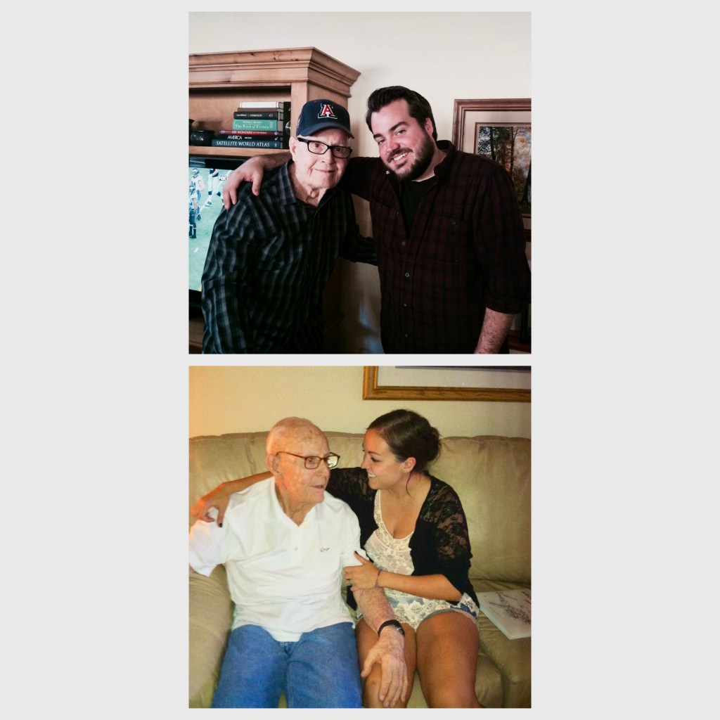 Two heartwarming family photos: in the top image, an elderly man wearing glasses and an Arizona baseball cap stands beside a younger man in a plaid shirt with his arm around him; in the bottom image, the same elderly man sits on a couch smiling at a young woman who has her arm around his shoulders, both sharing a warm, affectionate moment indoors.